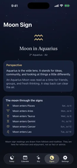The Gibbous moon sign screen showing the moon in Capricorn