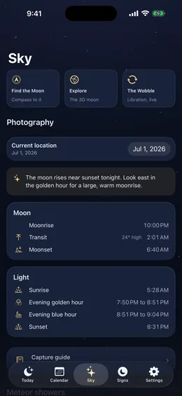 The Gibbous photography planner with moonrise and golden hour times
